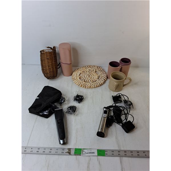 (2) Men's Razors- Power On, (2) Bathroom Tumblers, Elephant Mug, Misc.