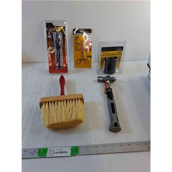 Flashlight, Utility Brush, Curved Locking Clamp Pliers, Hammer,  1/2 Ton Bearing Lock-Nut Wrench