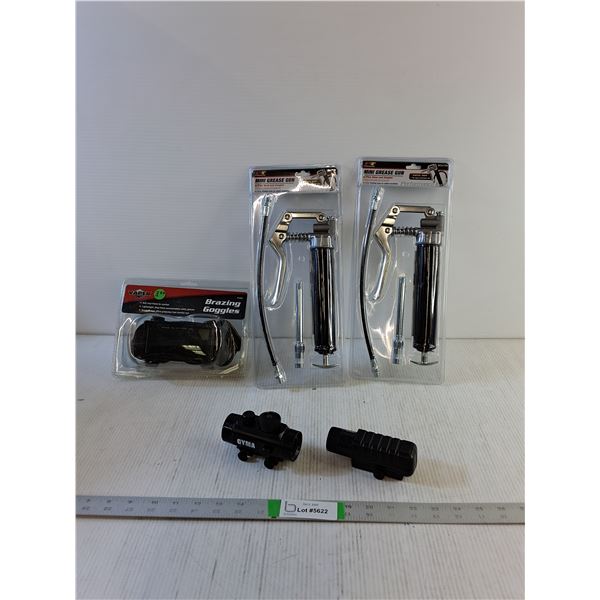 Brazing Goggles, (2) Mini Grease Guns, GYMA Plastic Sights