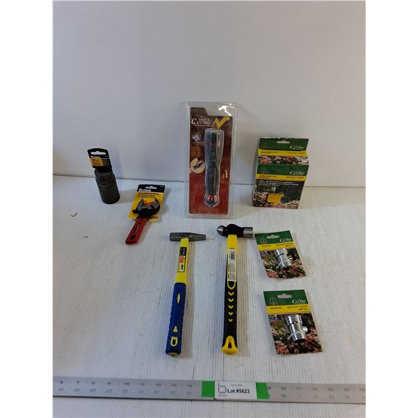 Flashlight, Adjustable Wrench, Manual Timer & (2) Shut Off Valves, (2) Hammers, Etc