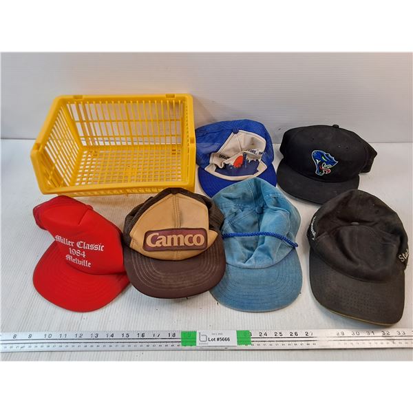 Plastic Bin, (6) Baseball Hats