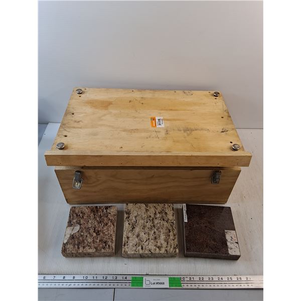 Wooden Box 9" x 21" x 14", (3) Marble Tile Samples