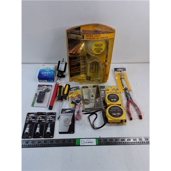 Worklight,Long Nose Pliers, (2) Pack tape Measure,Adjustable Wrench and more in pictures
