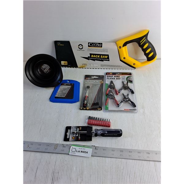 (NIB) Assorted Tools - Back Saw/ Ice Scraper/ Snap Ring Plier Set/ Misc.