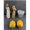 Image 2 : (2) Willow Tree Wooden Figurines, Glass Lemons, Unused Scented Candle