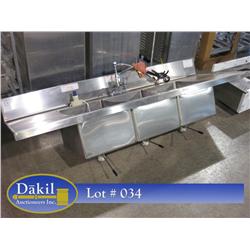 80" STAINLESS STEEL 3 COMPARTMENT SINK W/LEVER DRAINS & RINSE FAUCET;