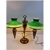 Image 2 : Vintage Brass Double End Table Lamp w/Green Glass Shades - PICK UP