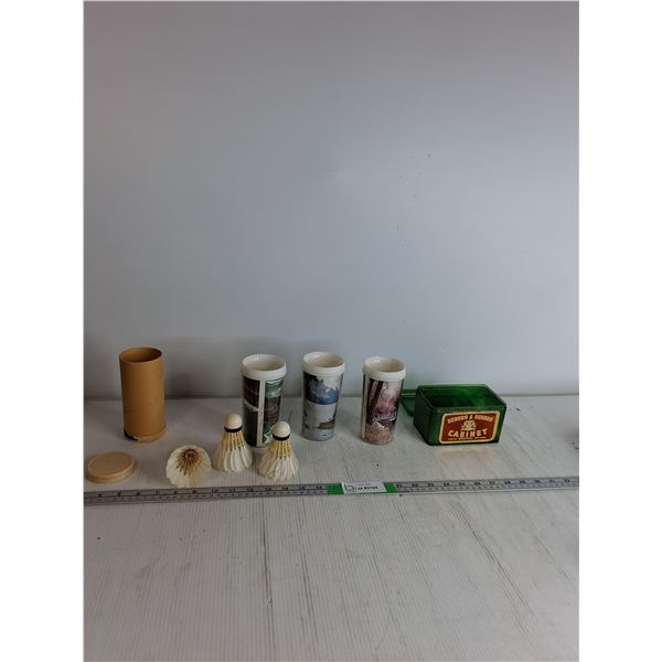 (3) Vintage Feather Shuttlecock Spalding Birdies, (3) Plastic Cups, Misc