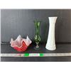 Image 1 : Glass Lot- (2) Vases Up to 9" and Handkerchief Dish