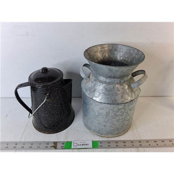 Galvanized Milk Can 10.5" Tall & Enamel Kettle