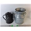 Image 1 : Galvanized Milk Can 10.5" Tall & Enamel Kettle