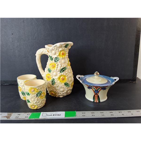Ceramic Kettle & Cups, Glass Candy Dish