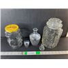 Image 1 : Glass Lot- Decanter, Shot Glass, Canister, Cheez Whiz Jar