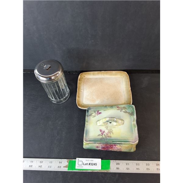 Glass Sugar Shaker & Ceramic Butter Dish