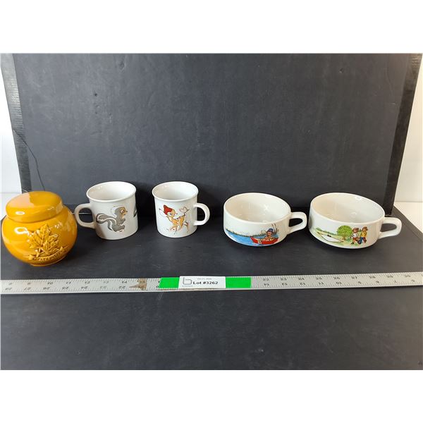Mugs- Bambi & Flower Skunk,  Maple Leaf Jar, (2) Campbell's Soup Bowls