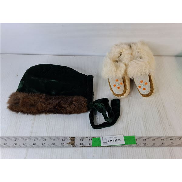 Fur Trapper Style Hat & Child Moccasins- Approx. Size 13