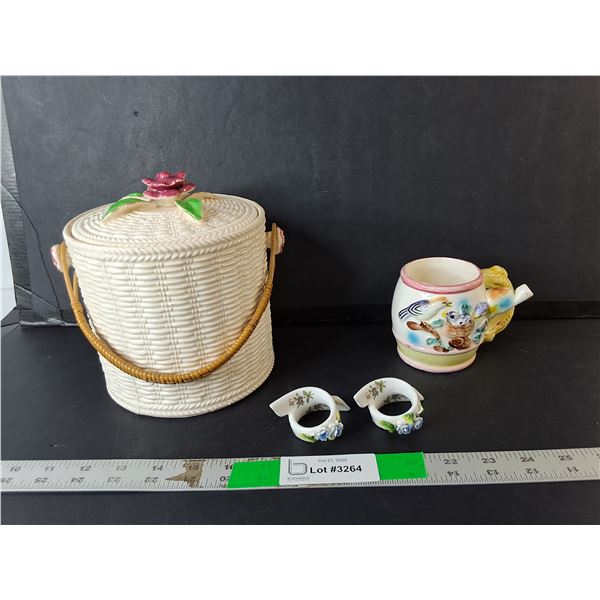 Ceramic Lot- Cookie Jar, Mug with Spout, Napkin Rings