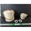 Image 1 : Ceramic Lot- Cookie Jar, Mug with Spout, Napkin Rings