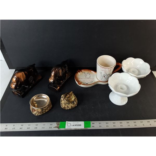 Buffalo Bookends, Glass Candleholders, Ashtrays