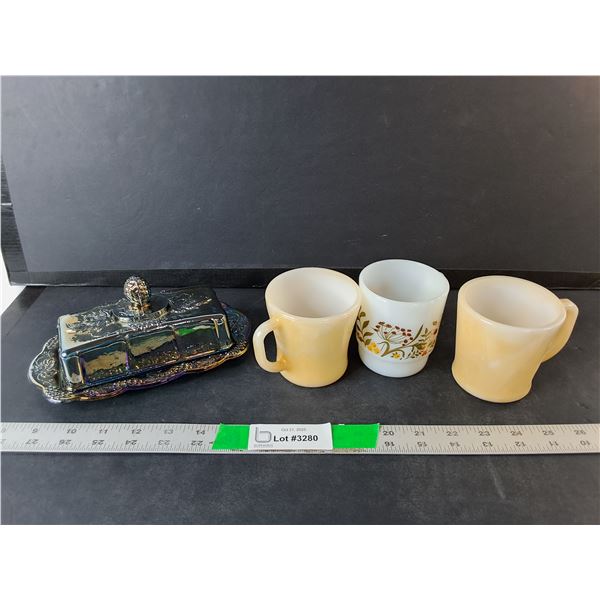 Iridescent Butter Dish and (3) Vintage Mugs- Fire King, Anchor Hocking, Other