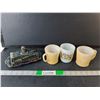 Image 1 : Iridescent Butter Dish and (3) Vintage Mugs- Fire King, Anchor Hocking, Other