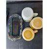 Image 2 : Iridescent Butter Dish and (3) Vintage Mugs- Fire King, Anchor Hocking, Other