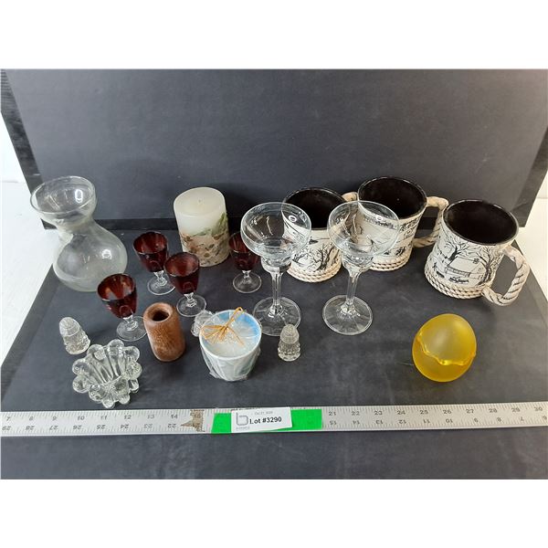 (2) Candles, (3) Ceramic Mugs, Wine Glasses, Misc.