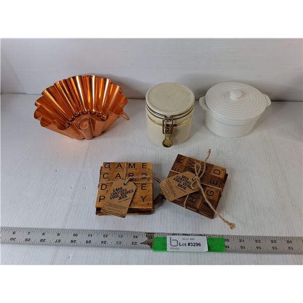 Wooden Coasters, (2) Ceramic Canisters, Misc.