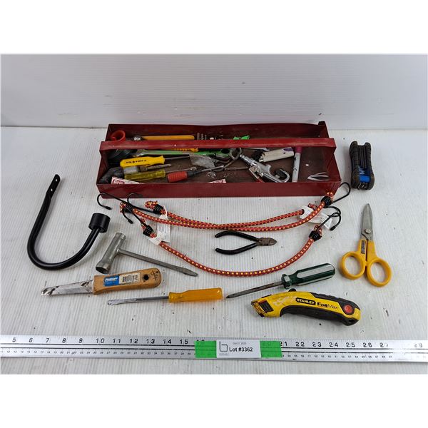 Tool Caddy, Bungee Cords, Box Cutter, Screwdrivers, Scissors, Hex Wrench Set