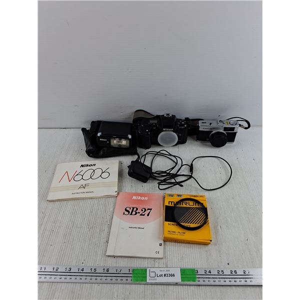 Nikon F601 Film Camera, Camera Flash, Marumi Filter, Olympus Trip 35 Camera - As Is