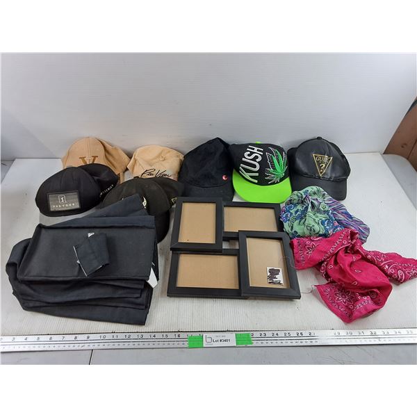 Various Baseball Hats, Hanging Closet Organizer, Veils, Picture Frame 12" x 12"