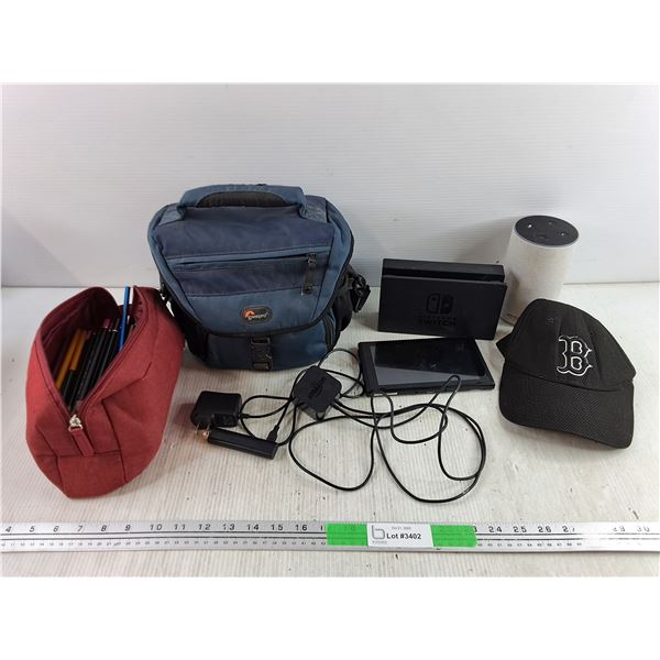 Nintendo Switch Console, Charging Station, Amazon Speaker - As Is, Pencils, Camera Bag, Baseball Hat
