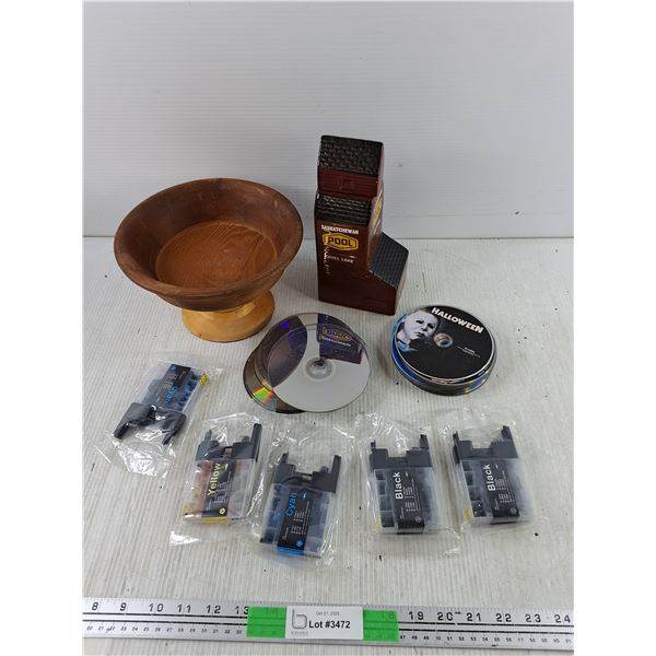 Footed Wooden Bowl, Ink Cartridges, Various CDs, Saskatchewan Pool Bottle