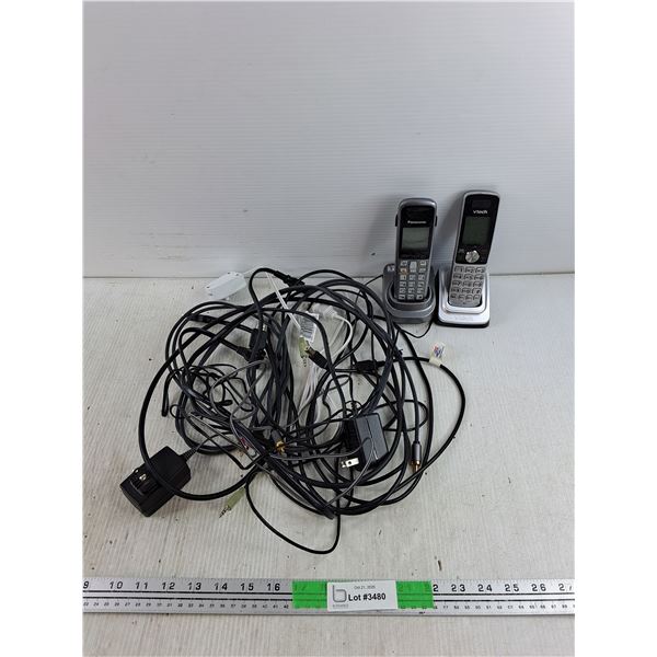 Various Cords, Vtech & Panasonic Telephones, Charging Stations - As Is