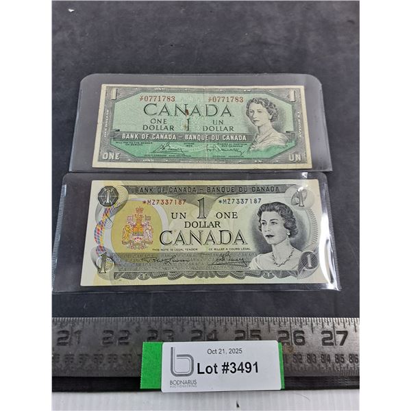 (2) Canadian $1 Bills (1954, 1973)