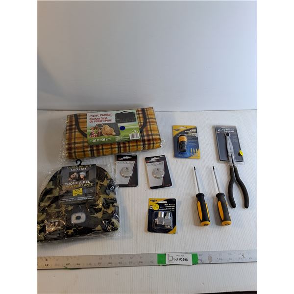 Picnic Blanket,LED Hat, (2) SparkPlug Gapper, 3-Way Composite Coupler, Etc