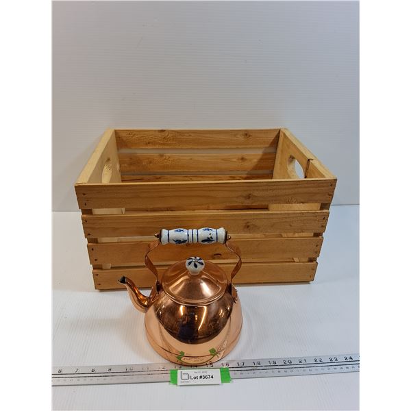 Wooden Crate - 18" x 9.5" x 12" & Copper Style Kettle