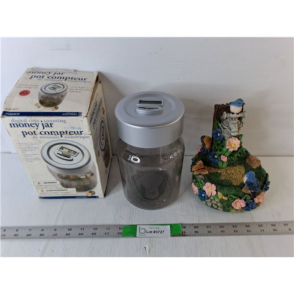 Coin Counting Jar & Decorative Bird Fountain 7.5", Both As Is
