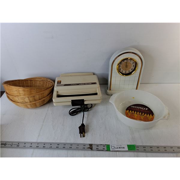 Vintage Waffle Maker- Powers On, Desk Clock 10"- As Is, Anchor Hocking Bowl, Misc.