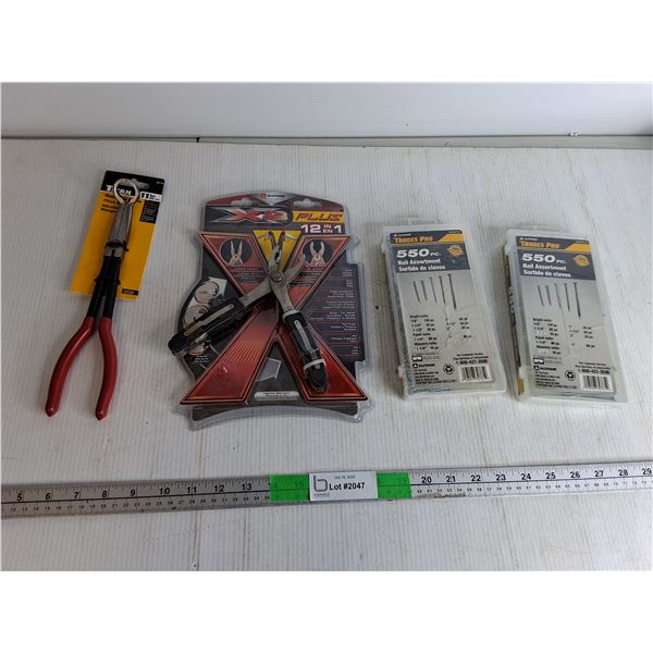 11"  Hose Grip Pliers,  12" Multitool, (2) 550 Nail Assortment