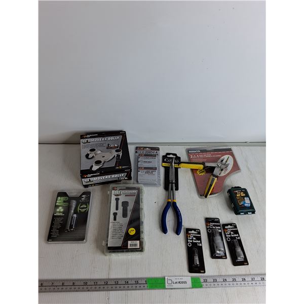3 Wheel Dolly Mover, 900 Pcs Staples & Brad Nails, 11" Bent Nose Plier, 2 in 1 Dual Jaw Plier, Misc