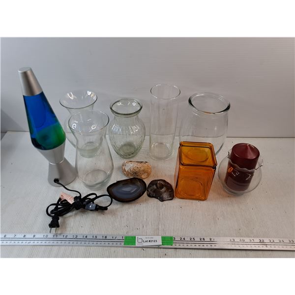 Lava Lamp, Glass Vases, Candle, Stones - PICK UP ONLY
