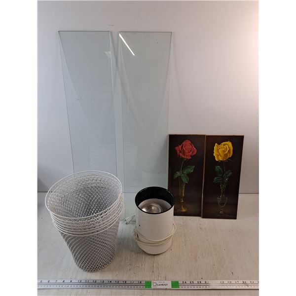 Flower Wall Decorations, Paper Bins, Portable Lamp - Powers On, As Is, (2) Glass Panels 30"  x 7"