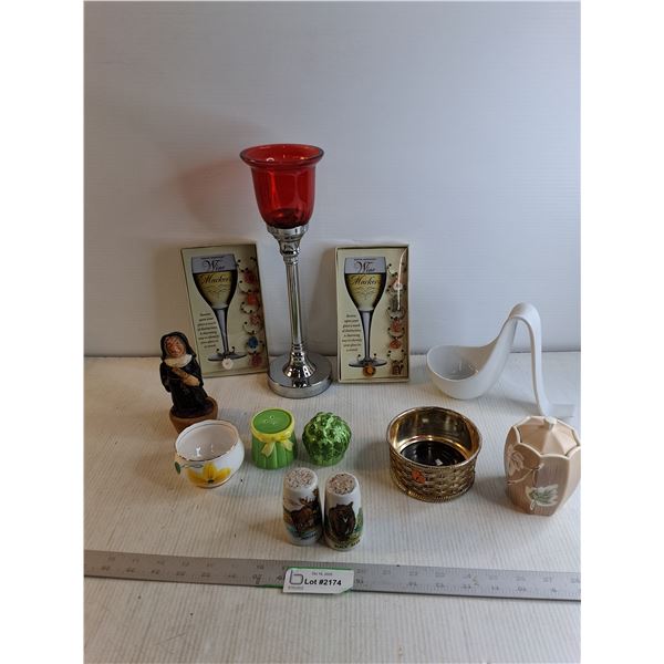 Salt And Pepper Shakers/ Candle Holder 13 1/2"/ Wine Glass Markers/ Misc.