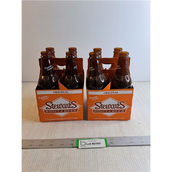 "Stewart's' Root Beer - (8) Empty Bottles In Carrying Cases And Caps