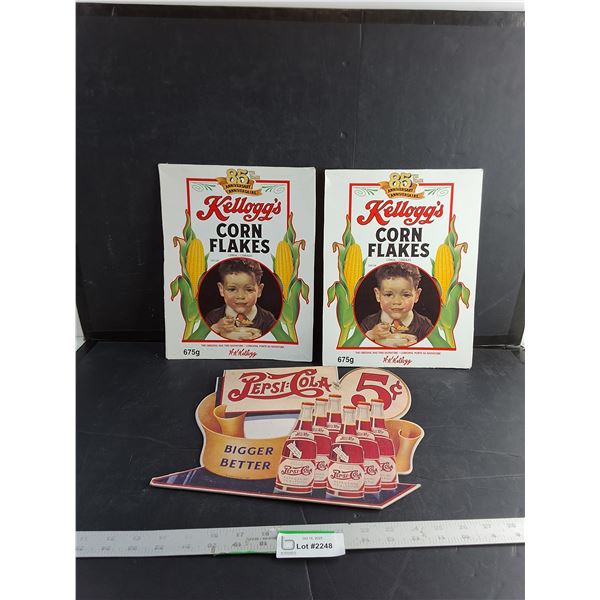 "Kellogg's CornFlakes" Cereal Box Cut Out/ Pepsi-Cola Cardboard Sign