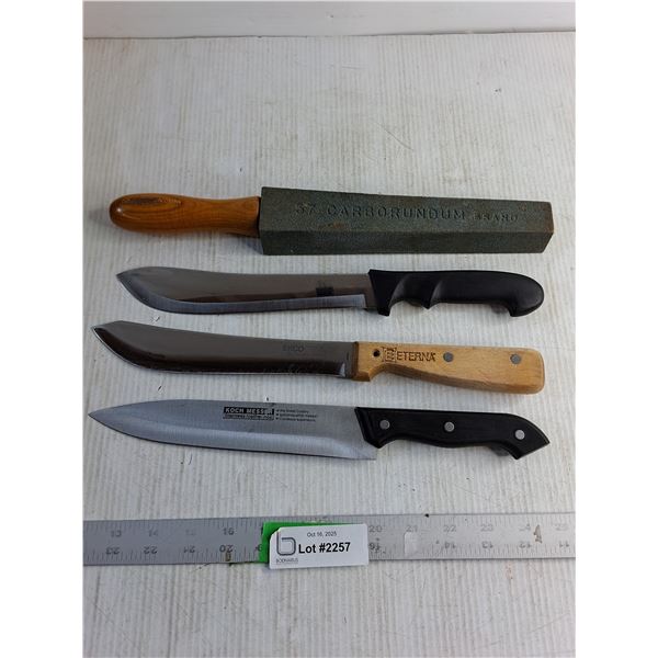 (3) Knives 13 1/2"/ Sharpening Steel "57 Carborundum Brand"