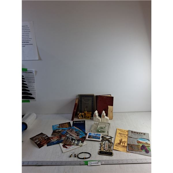 Post Cards/ Thermometer/ Antique Ink Well And Pen Holder/ Misc.