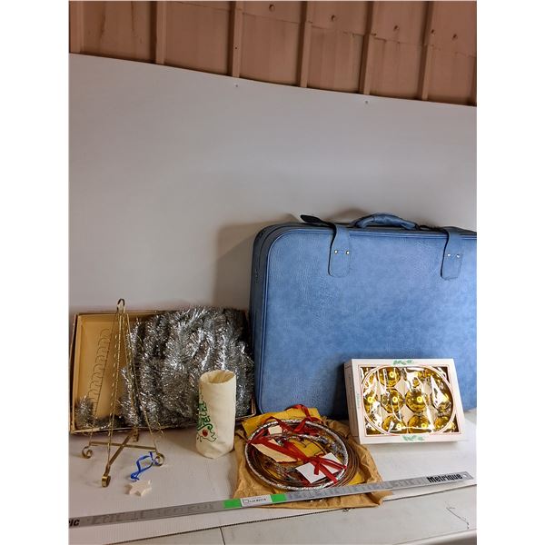 Christmas Items & Blue Suitcase On Wheels 31x9x24" - PICK UP ONLY