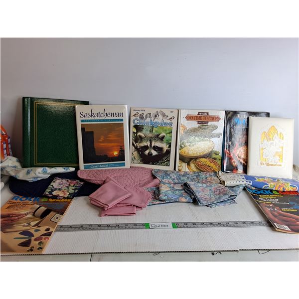 Recipe Books, Pot Cloths, (2) Magazines, (4) Books
